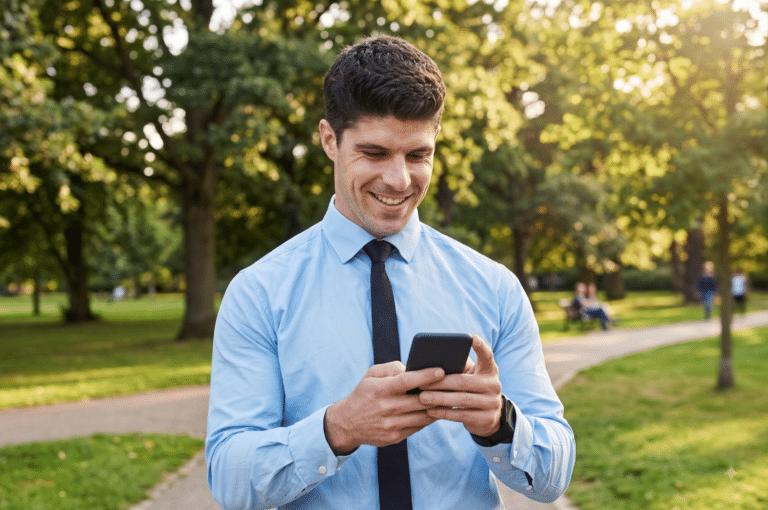 happy men in a park on his phone